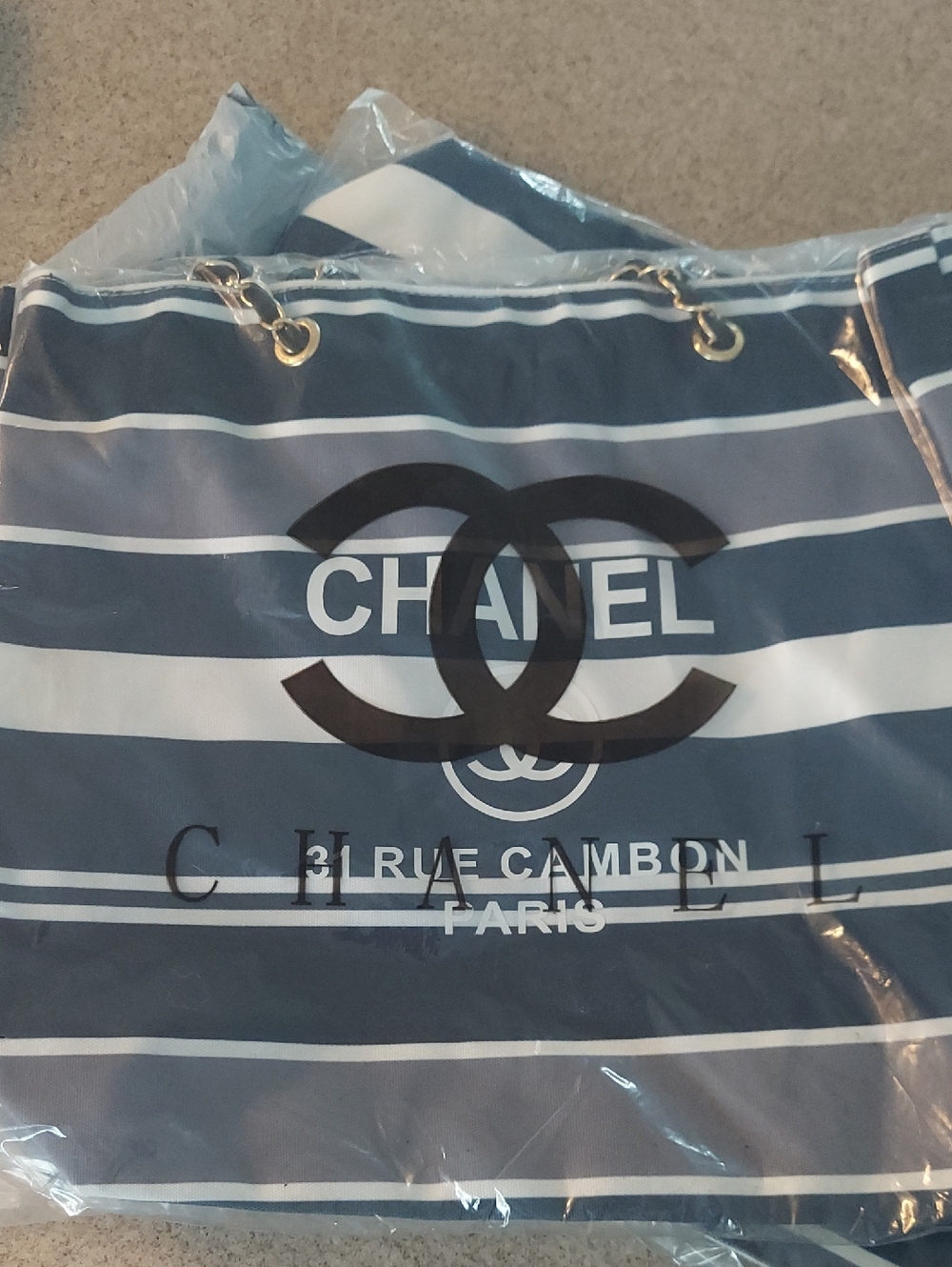 CHANEL Blue and White Striped Tote Bag